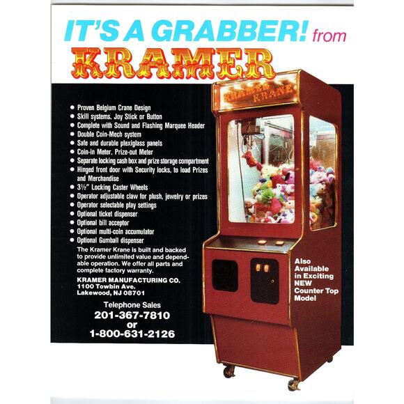 Vintage 1980s Kramer Claw Crane Arcade Game Flyer NJ Made Collectible - Picture 1 of 2